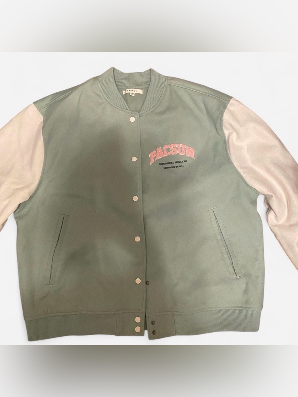 PacSun Sage Green and White Letterman Jacket